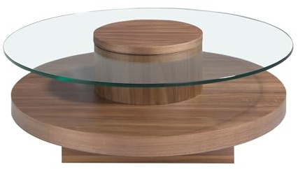 Angel Cerdá – Table Basse Design en Verre Trempé et Bois de Noyer | Table Basse Ronde Contemporaine et Élégante | Base en Bois | Idéale pour Salon | 100 x 100 x 35 cm
