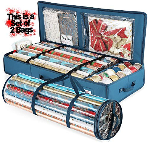Hearth & Harbor Aufbewahrungsbehälter – Weihnachts-Aufbewahrungstasche mit Innentaschen 22 Rollen à 101,6 cm – reißfester Geschenkpapier-Organizer, Polyester, stahlblau, 40