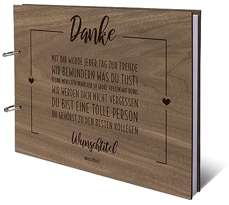 Personalisiertes Gästebuch echtes Holz DIN A4 Abschiedbuch mit Lasergravur - Kollegen - mit 72 Blatt / 144 Seiten Naturpapier Weiß