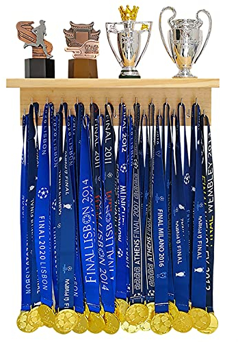 Qktxktzy Medaillenhalter aus Holz mit 40,6 cm großen Trophäenregalen zum Organisieren von Medaillen, Auszeichnungen, Bändern und Trophäen. Perfektes All-in-1-Regal mit 25 Stahlhaken. Wandhalterung für