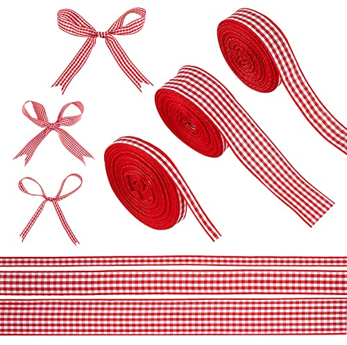 BEEFLYING 3 Rollen Rotes Ginghamband Picknick Craft Ribbon Polyester Kariertes Band Gingham Woven Edge Ribbon Für Geschenkpaketverpackung Nähen Haarschleife