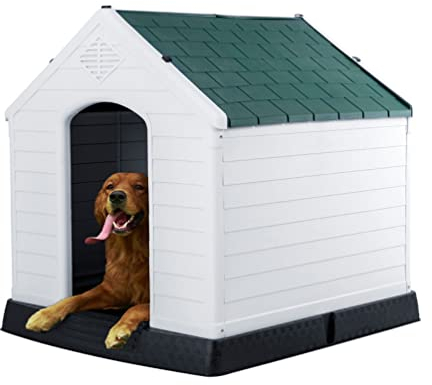 Hundehütte Großes Wasserdichtes Hundehaus, Alles Wetter Im Freien Kunststoff Hundehaus Haustierhütte Mit Atemlöchern Und Angehobener Basis (Color : Grey+Green, Size : 122cmx110x113cm)