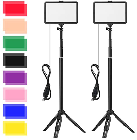 Andoer USB-LED-Videolicht-Kit, 2 LED Videoleuchte 3200K-5600K dimmbar mit 2 * ausziehbares Stativ, 16 * Farbfilter für Live-Streaming-Videoaufzeichnung Online-Meeting-Unterricht