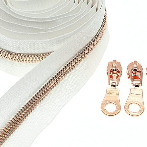 #5 Nylonspulen Reißverschlüsse 9m Endlos Reißverschluss Meterware Weiße Klebeband Rosegoldfarbene Zähne mit 25 PCS Reißverschluss Sliders für Nähen YIGUANXIN | Metallisches Reißverschlussband mit 25 Schiebern für Heimwerker, Nähen, Basteltaschen (weiß-rotgold)