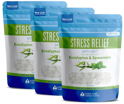 Stress Relief Bath Salt (3 Pack) Epsom Salt Relaxing Bath with Eucalyptus and Spearmint Essential Oils Plus Vitamin C Crystals in BPA Free Pouch Made in USA 2 lbs Pouches 6 Lbs Total
