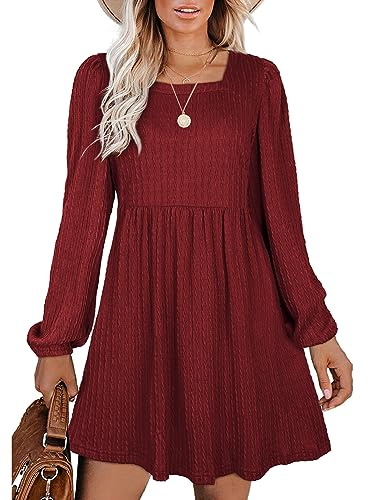 Aokosor Långärmad stickad klänning fyrkantig hals jumper klänningar knälång babydoll klänningar, Röd, L