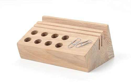 TROIKA Schreibtisch Organizer – HOLZWEG PEN STAND – 8 Löcher für Stifte, Brieföffner – 1 breite Nut als Smartphone Halterung, 2 Schlitze für Karten, Fotos – echtes Eichenholz – braun Original