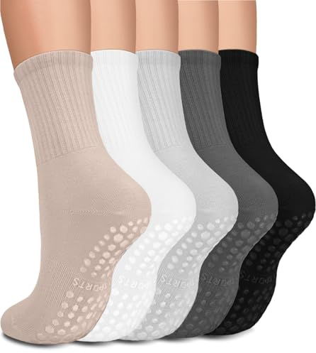 DHSO 5 Pairs Pilates Grip Socks Yoga Socks with Grips for Women, Non-Slip Athletic Socks for Ballet, Dance, Workout, Hospital, Assorted