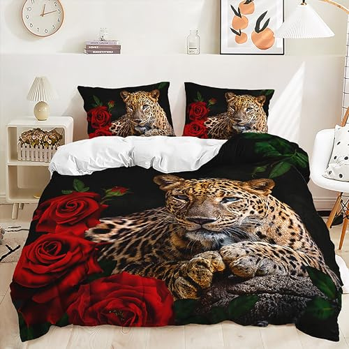 Yaofeiou Chic 3D Leopard Bettwäsche 155x220 3teilig Blume und Leopard Thema Bettwäsche Mikrofaser Tiermotiv Bettbezug für Mädchen Frauen Schwarz Weiß Wendebettwäsche mit 2 Kissenbezug 80x80