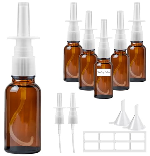 Furuising 6 Pièce Vaporisateurs Nasaux Vides en Verre, 30ml Petit Spray Nasal Vides, Réutilisable Ambre Flacon Pulvérisateur Nasal avec Entonnoirs et Étiquette pour Parfum, Huiles Essentielles, Saline