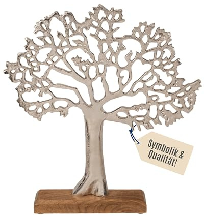 Out of the blue Silberfarbener Lebensbaum Dekofigur - Stilvolles Wohnaccessoire aus robustem Material auf Holzständer - Symbolträchtiger Baum für Wohnzimmer & Flur - Perfekte Geschenkidee