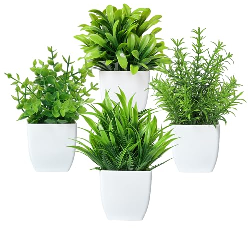 Canirologas Artificial Plants Indoor,Small Fake Simulation Plants,Faux Plastic Potted Plants,Creative Decorative Ornaments For Decoration、Bookcase、Balcony、Office、Bathroom(4PCS White)