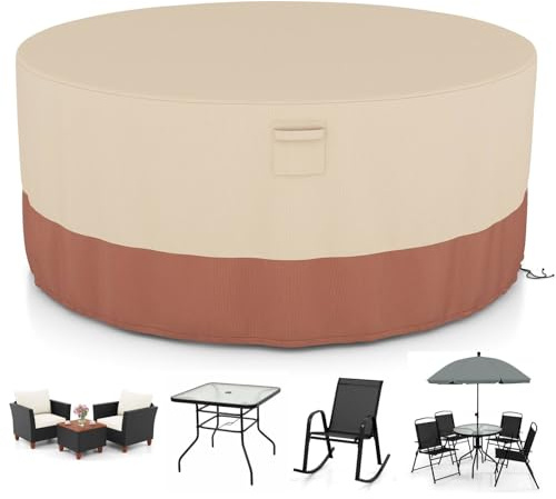 SFAREST 158cm/181cm/213cm Garden Furniture Cover, Heavy Duty Waterproof Table and Chairs Cover with Air Vents, Buckle & Drawstring, Round Outdoor Patio Table Set Covers (Beige + Brown，213 x 70 cm)