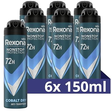 6 x Rexona Män Nonstop Protection Deodorant Spray Cobalt Dry Anti-Perspirant med 72 timmars skydd mot svett och kroppslukt 150 ml