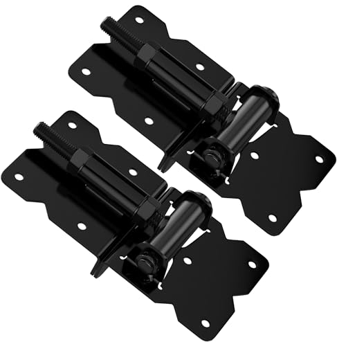 SKYSEN Self-Closing Gate Hinges for Wooden Fences, 2-Pack Heavy Duty Adjustable Gate Hinges Black with Screws and Adjustment Tool for Vinyl/Metal Fences