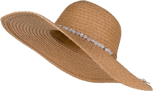 styleBREAKER Damen Strohhut Papierstroh mit Hutband aus Perlen, breite ausgefranste Krempe, Sonnenhut, Schlapphut 04025043, Farbe:Braun