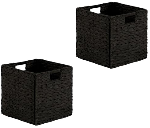 Korb CAO 2er Set, schwarz - Handgefertigte Körbe aus Wasserhyazinthe, faltbar mit robusten Griffen. Regalkorb, Aufbewahrungskorb. Vielseitig für Schlafzimmer, Büro, Wohnzimmer. Praktisch, Dekorativ.