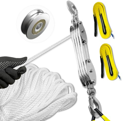 SALIFTFE Block and Tackle Seilzugsystem, verbesserter 4-Rad-Seilzugzug mit 2 Hebegurten, 8:1 Hubkraft, 1000 kg, mit 1,8 m langem Seil, kompakter Seilzug für Garage und Jagd