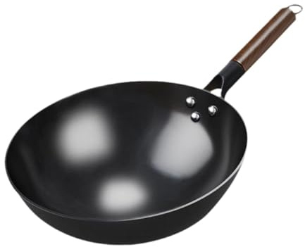 SiaBiced Wok Sartén Wok de Hierro con Mango de Madera Utensilios de Revestimiento Cocina de inducción Universal Wok de Fondo Redondo Wok Chino, Sin Oreja, 40cm