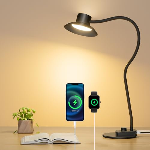 Woputne LED Desk Lamp with USB-C & USB-A Charging Ports, 5 Color Modes & Stepless Dimming, 1400LM Adjustable Bedside Reading Light with Flexible Neck, Perfect for Study, Home Office, Crafts, Draw