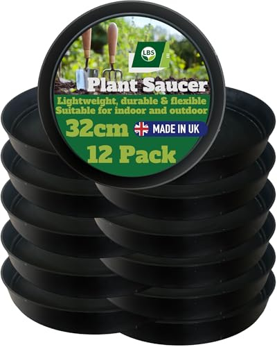 12 Pack Outdoor & Indoor Plant Pot Saucers – Frost & Crack Resistant. Durable Round Black Trays, High Rims, Lightweight And Reusable. UK Made. Prevent Surface Damage & Catch Excess Water. 32cm Diam.