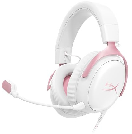 HyperX Cloud III, Casque Gaming Filaire, PC/PS5/Xbox Series X|S, DTS Headphone:X, Haut parleurs inclinés 53 mm, Micro 10 mm antibruit, USB-C/USB-A/3,5 mm, Blanc et Rose