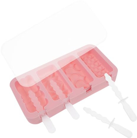 Cabilock Molde Para Paletas De Silicona 4 Cavidades Con Tapa y Palitos Rosa, Molde Para Mini Paletas De Helado De Dibujos Animados, Reutilizable Para Helados Caseros y Postres De Verano