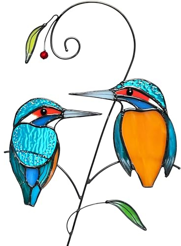 Iricrist Kingfisher (1 Pair) Stained Glass Birds Suncatcher for Mom, Grandma, Women - Real Glass Window Hanging Ornament - Handmade Crafts for Bird Lover (Gifts Ready Packaging)