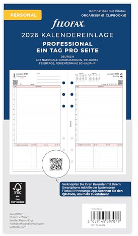 Filofax Kalender Personal Prof.1 Tag pro Seite (deutsch)2026