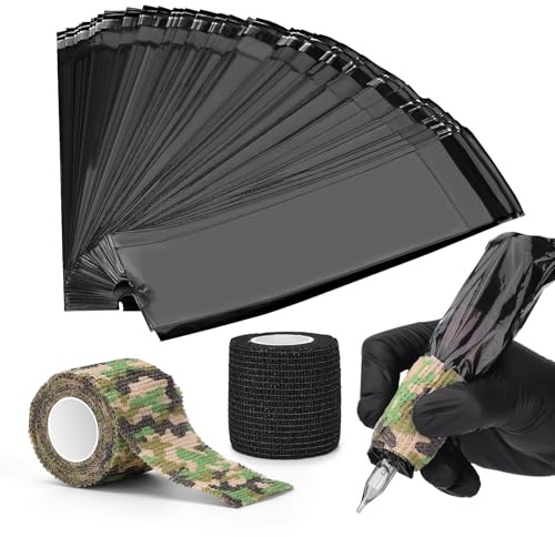 ATOMUS 200pcs tätbar trådlös tatueringspenna täcker svart med 2pcs grepp band bandage uppsättning engångs plast tatuering penna väskor kit tatuering maskin tillbehör