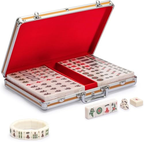 Yellow Mountain Imports Chinese Mahjong Combo – Champion-Size Set with 146 Tiles, Aluminum Case, Accessories, and Mini-Tiles Bracelet