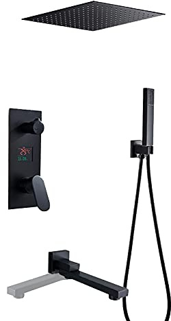 Black Shower Set - Rotatable Tub Spout Concealed Faucet with Temperature Display Handheld Sprayer & Square Rain Shower Head Complete Shower Combo Trim Kit.