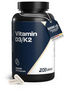 GOaktiv Vitamin D3 K2 Kapseln – mit 125 µg (5000 I.E.) Vitamin D3 & 200 µg Vitamin K2 pro Kapsel – zur Unterstützung von Knochen, Muskeln & Immunsystem – hochdosiert & ohne Zusatzstoffe – 180 Kapseln