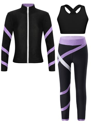 Yruioon Filles Survêtement Athlétique Leggings Avec Débardeurs 3 Pièces Tenues De Fitness Ensembles Gymnastique Entraînement Sportif 5-16 Ans Lavande noire 11-12 ans