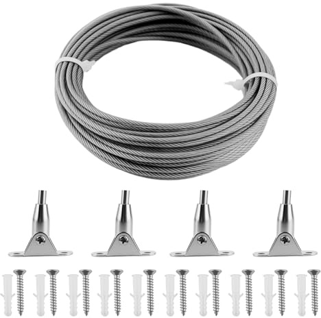 MERVYNGLYNNHUNTER Einstellbar Stahlseil Gardinenseil Vorhang Seilspanngarnitur Gardinen 10M,Seilspannsystem Edelstahl Drahtseil Ummantelt Kit mit 4 Montage Klemme für Decke, Wand