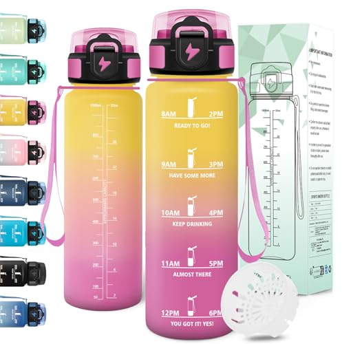 Motswedi Gourde 1l, Anti-Fuite, Gourde Sport, avec Marqueur de Temps, Bouteille d'eau, Réutilisable, Bouteille, Sans BPA, pour Sport, Yoga, Fitness, Randonnée, Jaune Rose