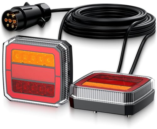 Justech 2x Pilotos Traseros LED para Remolque/Autocaravana, 12-30V Homologadas E-mark, 4 en 1 (Freno/Intermitente/Posición/Matrícula), Cable 7.35 m y Conector 7 Pines