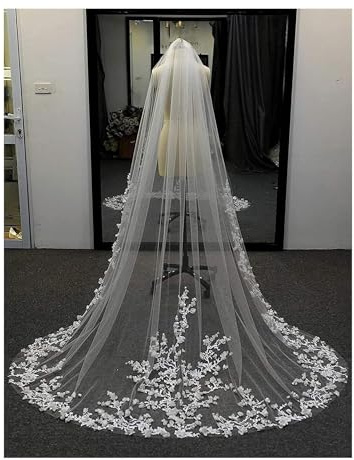 Bröllopsslöja, Brudslöjor 3D Blommor Blommig Slöja 1 Nivå Lång Katedral Spetskant Utsökta Eleganta(White,300cm)
