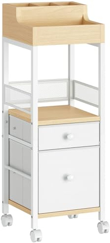 HOOBRO Doppel-Schubladen Kosmetikwagen, Mobiler Schminkwagen, Kosmetik-Aufbewahrungswagen, Badrollwagen für Hautpflegeprodukte, Pinsel, Nagellack, Friseurbedarf, Weiß und Natur EWN19TC04