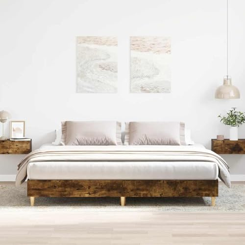 Gecheer Bedstead, Bed Frames, Bed Base Smoked Oak Low Floor Bed Frame with Plywood Slat - 203x163x25cm - Suitable for 160x200cm Mattress Model3329034