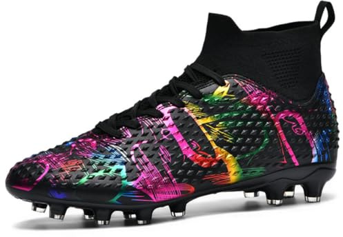 Chaussures de football AG montantes pour homme, maille légère et respirante, soutien de la cheville, crampons à pointes durables, imprimé coloré pour l'entraînement et les matchs professionnels, Noir