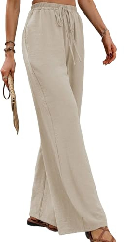 JiaYouLC Women Linen Trousers with Pockets Summer Wide Leg Casual Pants High Waisted Drawstring Trousers for Sports Running Joggers (UK, Alpha, L, Regular, Regular, Khaki)