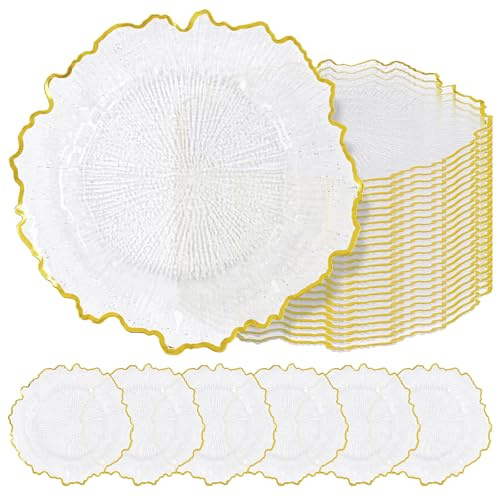 24 Pcs Clear Charger Plates Bulk 13 Inch Plastic Charger Plates for Dinner Plate, Clear with Gold Rim Chargers for Table Setting, Reef Design Plate Floral Decor Round Chargers for Wedding Party Event