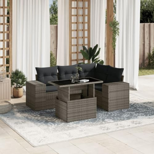 Ensemble de 5 meubles de jardin en polyrotin gris, table réglable, résistant aux UV, groupe de sièges d'extérieur modulaire avec coussins pour terrasse, balcon, jardin