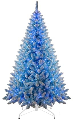 8Ft Flocked Prelit Blue Christmas Tree with Blue LED Lights Multifunction, Snow Dusted Artificial Pine Foldable Metal Stand 1396 Tips Hinged Branches Snowy Bushy Luxury Holiday Home Decoration