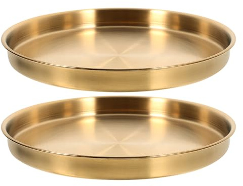 Alipis Lot de 2 assiettes rondes en acier inoxydable : plateau de service en métal : assiettes à collation à fond plat pour restaurant, service, alimentation, camping, 22 cm