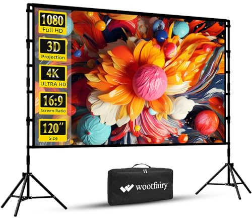 Wootfairy Projector Screen and Stand, 120 inch Foldable and Portable Projection Screen 16:9 4K HD Rear Front Wrinkle-Free Movie Screen with Carry Bag for Indoor Outdoor Home Theater Backyard Cinema
