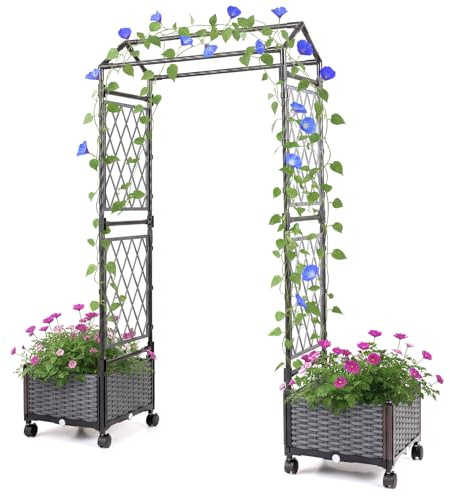 GOPLUS Arche de Jardin avec Bacs à Plante, 2 en 1 Jardinières Auto-Arrosants avec Treillis roulettes,Toit Suspendu Trous Drainage, Pergola Jardin pour Plantes Grimpantes, Légumes (Gris,154x40x163CM)