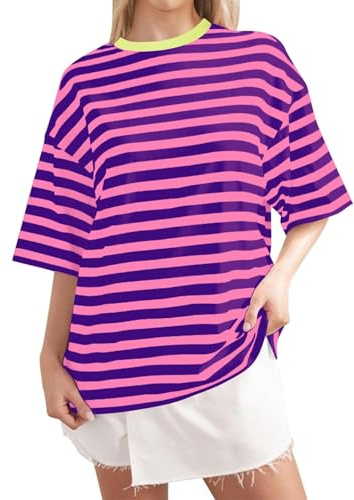 Camiseta informal a rayas con cuello redondo y manga corta para primavera. Camiseta minimalista cómoda a rayas Blusa de verano para mujer, T-shirt3-lila, M