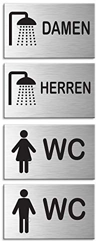 Türschild Toilettenschild Duschraumschild 4er-Set Dusche Damen Dusche Herren WC Damen WC Herren Aluminium Edelstahlschilder-Optik 60x100 mm Sparversand Nr.44675-S